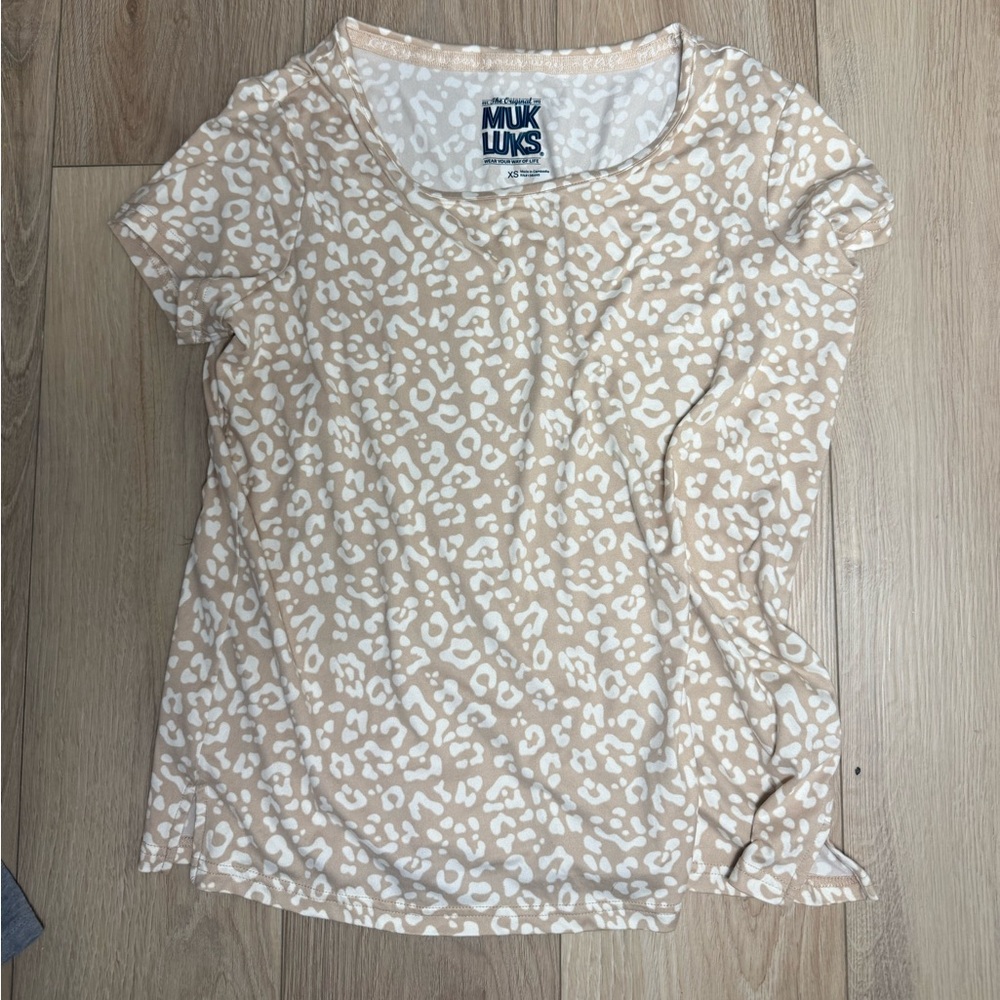 Muk Luks Beige White Leopard Print Short Sleeve Tee XS Oversized Cozy Loungewear